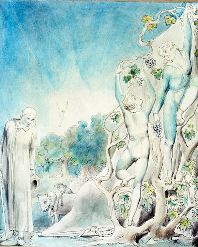Comus møter en av brødrene som er opptatt med å plukke frukt for å mate Lady. 1800-tallet (akvarell) av William Blake