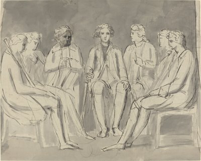 Gruppe menn som sitter i en sirkel [recto] av William Blake