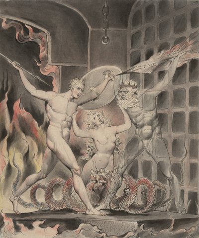 Illustrasjon 2 til Miltons "Paradise Lost": Satan, synd og død: Satan kommer til helvetes porter, 1807 av William Blake