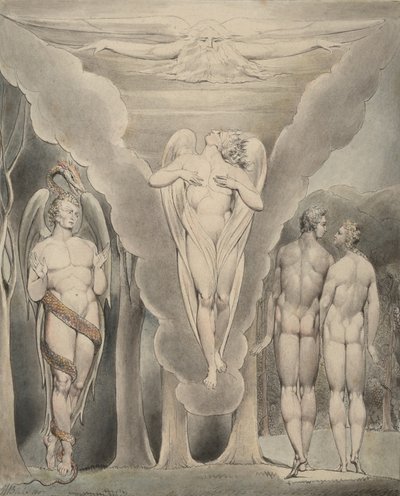 Illustrasjon 4 til Miltons "Paradise Lost": Satan spionerer på Adam og Eva og Raphaels nedstigning til paradis, 1807 av William Blake