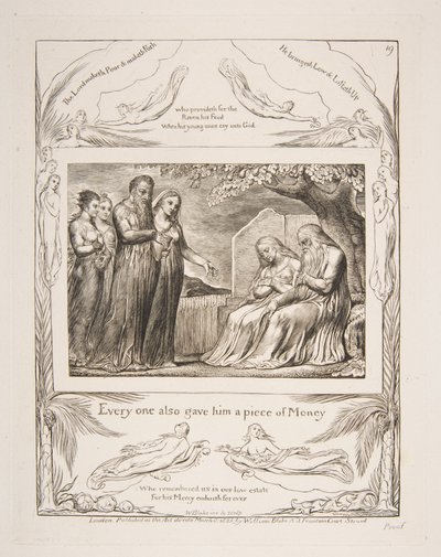 Job aksepterer veldedighet, fra illustrasjoner av Jobs bok, 1825-26. av William Blake