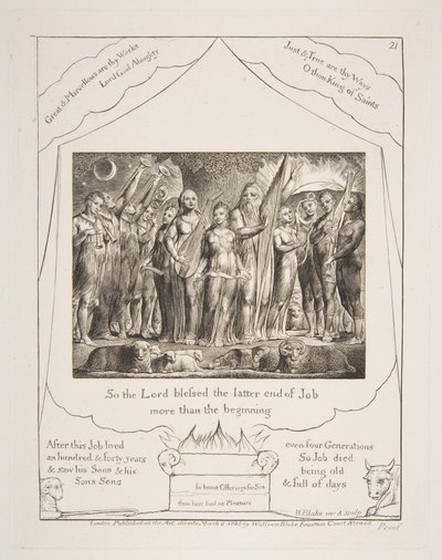 Job og hans kone gjenopprettet til velstand, fra illustrasjoner av Jobs bok, 1825-26. av William Blake