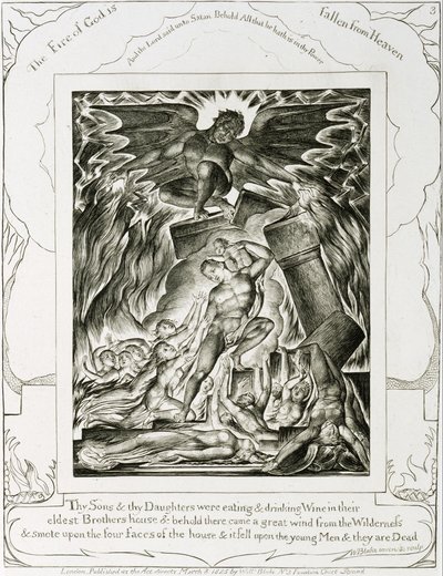 Jobs sønner og døtre overveldet av Satan av William Blake