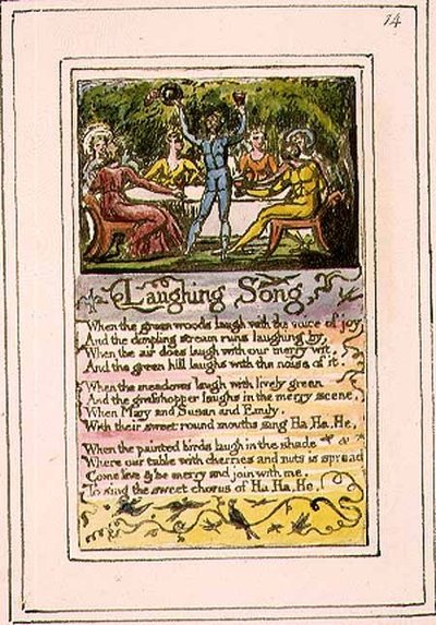 P.124-1950.pt14 Lattersang: plate 14 fra Songs of Innocence and of Experience (kopi R) c.1802-08 (etsing, blekk og akvarell) av William Blake