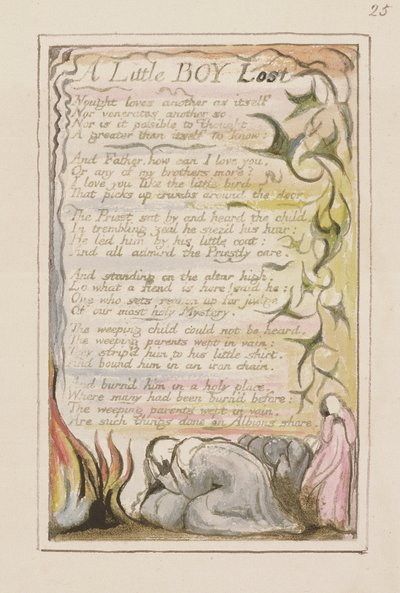P.124-1950.pt53 A Little Boy Lost: plate 53 fra Songs of Innocence and of Experience (kopi R) c.1802-08 (etsing, blekk og wc) av William Blake