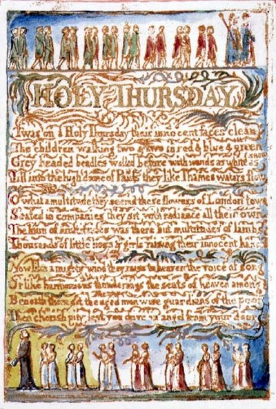 P.125-1950.pt19 Hellige torsdag: plate 19 fra Songs of Innocence and of Experience (kopi AA) c.1815-26 (etsing, blekk og akvarell) av William Blake
