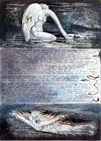 Plate II, Jerusalem, ca. 1804-20. Døtrene til Albion representert av svanelignende og fiskelignende skapninger av William Blake