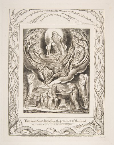 Satan går ut fra Herrens nærvær, fra illustrasjoner av Jobs bok, 1825-26. av William Blake
