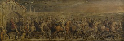 Sir Jeffrey Chaucer (ca. 1342-1400) og de ni og tjue pilegrimene på deres reise til Canterbury (tempera på lerret) av William Blake