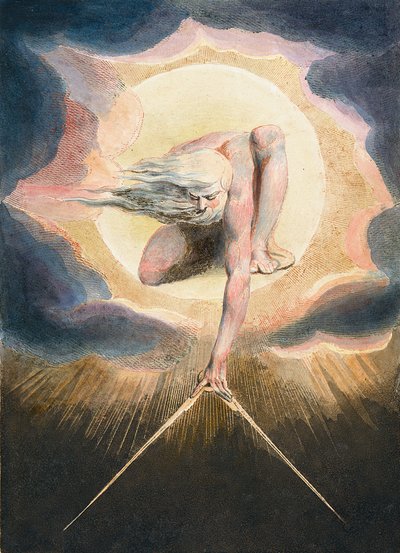 Dagenes gamle - Urizen måler ut den materielle verden - Urizen måler den materielle verden. Illustrasjon av forsiden av boken "" Europa. Til profetier." Tegning av William Blake (1757-1827) av William Blake