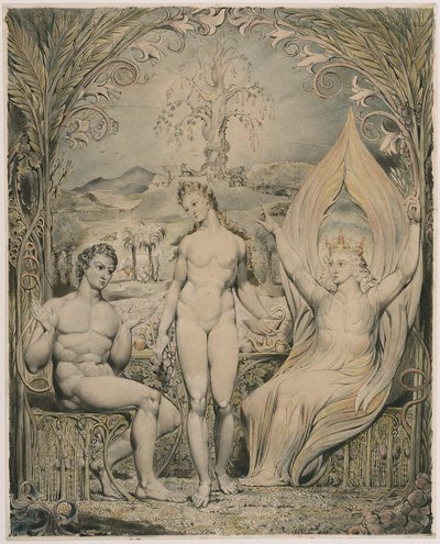 Erkeengelen Raphael med Adam og Eva (illustrasjon til Miltons Paradise Lost) av William Blake