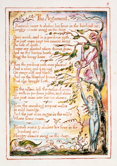 Argumentet, illustrasjonen og teksten fra 'The Marriage of Heaven and Hell', ca. 1790-3 (relieff-etsing ferdig med penn og wc) av William Blake