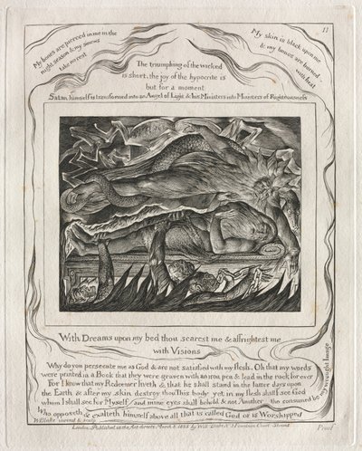 Jobs bok: Pl. 11, Med drømmer på sengen min skremmer du meg og skremmer meg..., 1825. av William Blake
