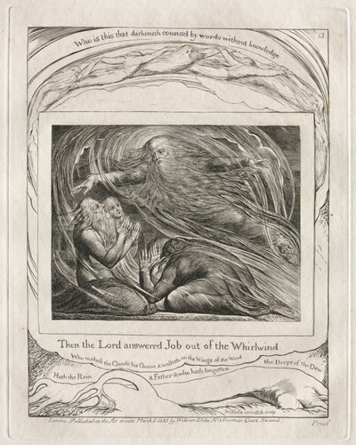 Jobs bok: Pl. 13, Da svarte Herren Job ut av virvelvinden, 1825. av William Blake
