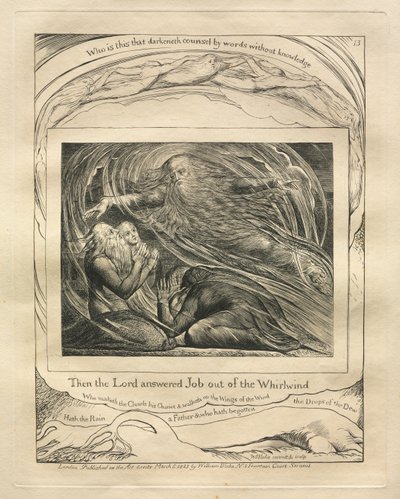 Jobs bok: Pl. 13, Da svarte Herren Job ut av virvelvinden, 1825. av William Blake