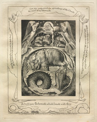 Jobs bok: Pl. 15, Se nå Behemoth som jeg laget med deg, 1825. av William Blake