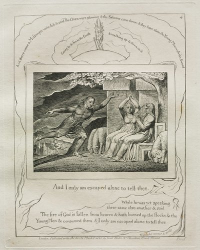 Jobs bok: Pl. 4, Og jeg er bare rømt alene for å fortelle deg, 1825. av William Blake