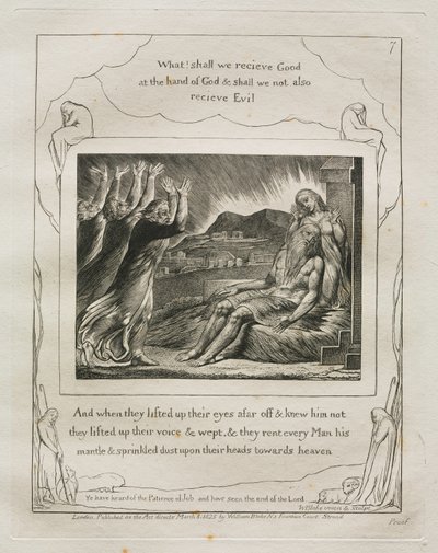 Jobs bok: Pl. 7, Og da de løftet øynene langt borte og kjente ham ikke..., 1825. av William Blake