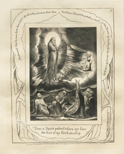 Jobs bok: Pl. 9, Så gikk en Ånd foran mitt ansikt, håret på mitt kjød reiste seg, 1825. av William Blake