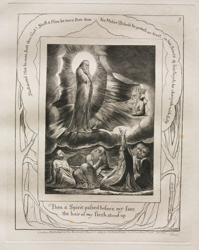 Jobs bok: Pl. 9, Så gikk en Ånd foran mitt ansikt, håret på mitt kjød reiste seg, 1825. av William Blake