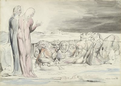 The Circle of Traitors: Alberti Brothers, illustrasjon til den guddommelige komedie av Dante Alighieri, 1824-27 (penn og blekk med wc over blyant og kritt på papir) av William Blake