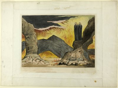 The Circle of the Falsifiers: Dante og Virgil dekker nesen på grunn av stanken. Inferno, canto XXIX av William Blake