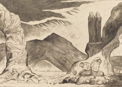 The Circle of the Falsifiers: Dante og Virgil som dekker nesen på grunn av stanken, 1827. av William Blake