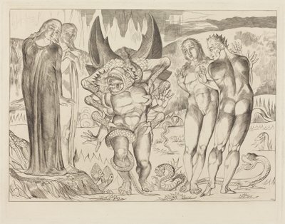 Tyvenes krets; Agnolo Brunelleschi angrepet av en seksbeint slange av William Blake