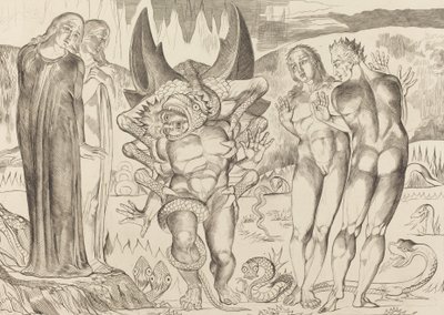 The Circle of the Thieves, Agnolo Brunelleschi angrepet av en seksfots slange, 1827. av William Blake