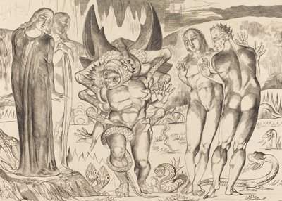 The Circle of the Thieves, Agnolo Brunelleschi angrepet av en seksfots slange, 1827. av William Blake