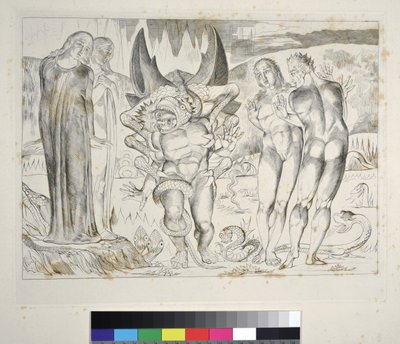 The Circle of the Thieves: Agnolo Brunelleschi angrepet av et seksfots slange-inferno, Canto XXV, illustrasjon til 