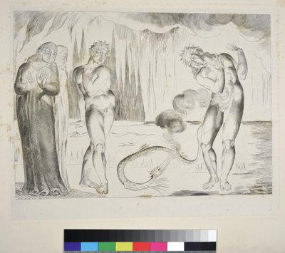 Tyvenes sirkel: Buoso Donati angrepet av slangen, Inferno, Canto XXV, illustrasjon til 'Den guddommelige komedie' av Dante Alighieri, ca. 1827-38 (gravering) av William Blake