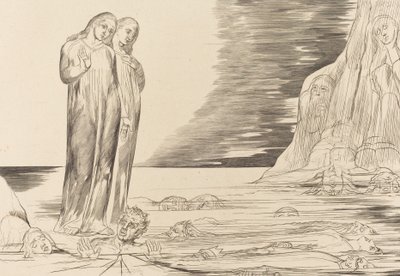 The Circle of the Traitors, Dantes fot slår Bocca degli Abbate, 1827. av William Blake