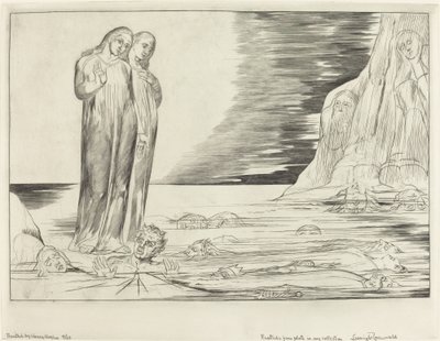 The Circle of the Traitors, Dantes fot slår Bocca degli Abbate, 1827. av William Blake