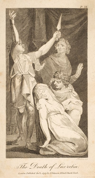 The Death of Lucretia, fra Allens nye og upartiske romerske historie, pub. 1797 (gravering) av William Blake