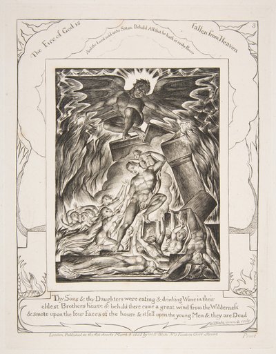 The Destruction of Jobs Sons, fra illustrasjoner av Jobs bok, 1825-26. av William Blake
