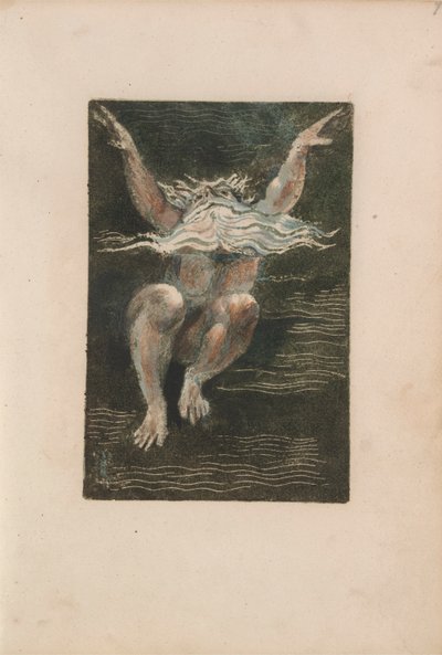 The First Book of Urizen, pl.7 (En naken mann med et flytende hvitt skjegg som ser ut til å reise seg på dypt vann) 1794 (fargetrykt relieff etsing med wc) av William Blake
