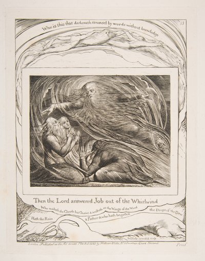 Herren svarer Job ut av virvelvinden, fra illustrasjoner av Jobs bok, 1825-26. av William Blake