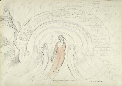 The Shades of Homer and other Poets of Antiquity, illustrasjon til den guddommelige komedie av Dante Alighieri, 1824-27 (penn og blekk med wc over blyant og kritt på papir) av William Blake