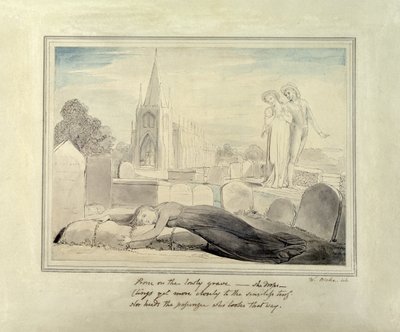 Enken som omfavner ektemannens grav (penn og pensel og svart blekk og wc på papir) av William Blake