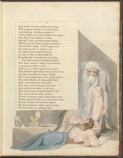 Young's Night Thoughts, side 7, "Till at Death's toll, whose restless iron tounge" av William Blake
