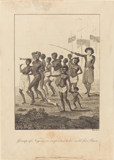 Group of Black, som importert for å selges for slaver av William Blake after John Gabriel Stedman