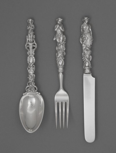 Sett med barnebestikk (kniv, gaffel og skje), ca. 1865–1874 (sølv) av William Bogert