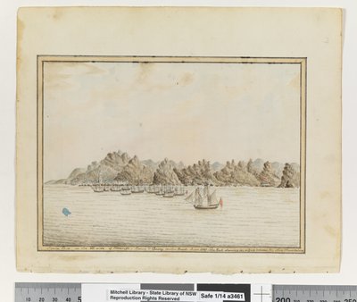 Opp. s. 19. `Santa Cruz på SE-siden av Teneriffe; Sirius & Convoy in the Roads. juni 1787. The Peak Shewing in a Gap between two other Mountains