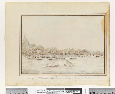 Opp. s. 37. `City of St. Sebastians, Rio Janeiro: Sirius & Convoy at Anchor. 1787
