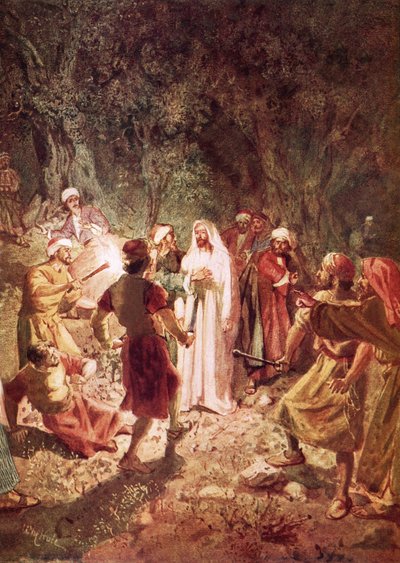 Judas forrådte Jesus med et kyss, i Getsemane-hagen av William Brassey Hole