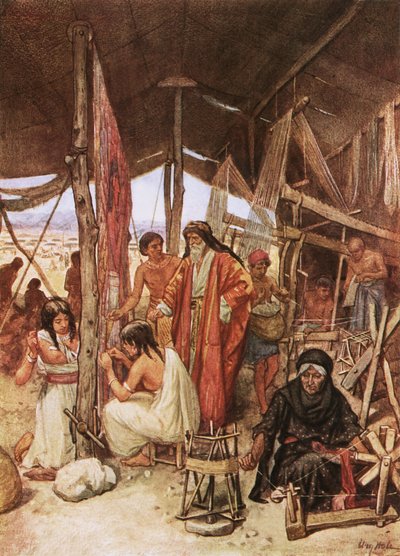 Moses undersøkte vevingen og broderingen av opphengene til Tebernacle av William Brassey Hole