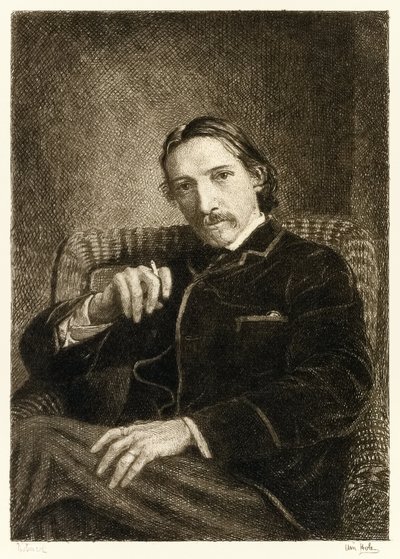 Robert Louis Stevenson (1850-1894) britisk forfatter mest kjent for sine bestselgende bøker Treasure Island, Kidnapped and the Strange Case of Dr Jekyll and Mr Hyde. Illustrasjon av William Brassey Hole (1 av William Brassey Hole