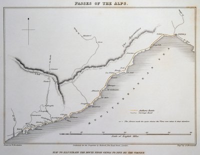 Kart over passeringer på de maritime alpene, kystveien mellom Genova og Nice, fra illustrasjoner av alpenes pass som Italia kommuniserer med Frankrike, Sveits og Tyskland, av William Brockedon (1787-1854), gravering på kobber, London av William Brockedon