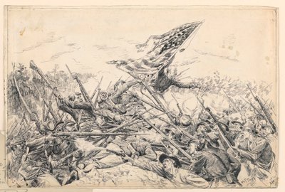 Tegning, Hancocks korps angriper verkene ved den «blodige vinkelen», 1887 av William Brooke Thomas Trego